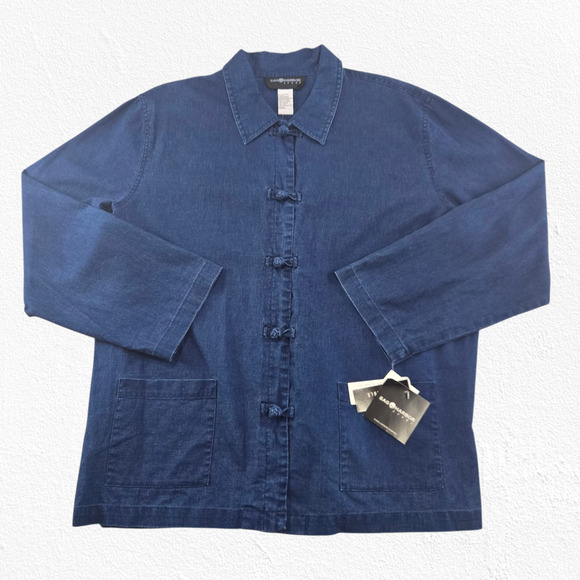 Y2K Sag Harbor Sport Linen Cotton Jacket Indigo Blue Frog Button Boxy Size Large - Picture 1 of 11